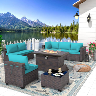 Trumbeak Patio Furniture Set with Fire Pit Table 8 Pieces Outdoor Sectional Sofa Set,PE Rattan Wicker Patio Conversation Set w/43in 55000 BTU Propane Fire Pit Table,Blue