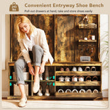 iPormis 70“ Large Hall Tree with Bench and Adjustable Storage Shelves, 6-in-1 Farmhouse Entryway Bench w/Coat Rack, Top Storage, Small Shelves for Entryway, Living Room, Led Lights, Rustic Brown iPormis