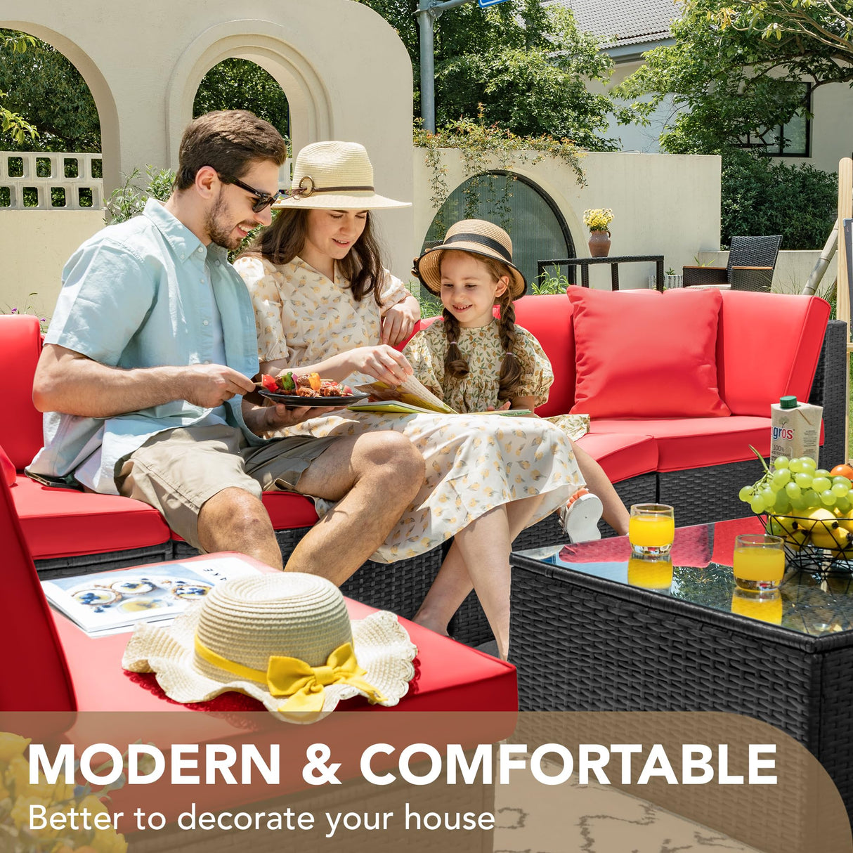 Devoko 7 Pieces Outdoor Sectional Sofa Patio Furniture Sets Manual Weaving Wicker Rattan Patio Conversation Sets with Cushion and Glass Table (Red) Devoko