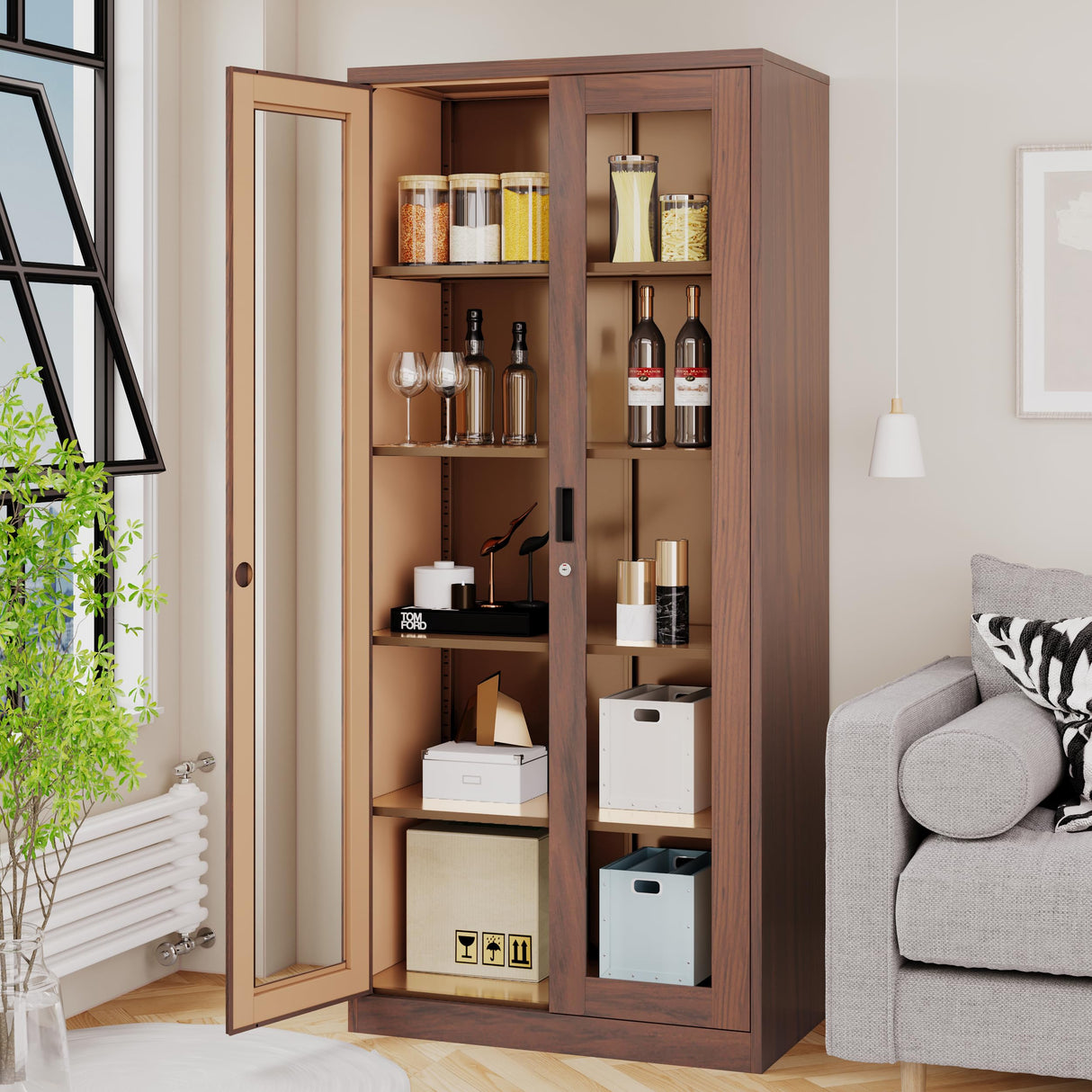 AFAIF 71" Tall Brown Metal Storage Cabinet with Glass Doors and Adjustable Shelves AFAIF