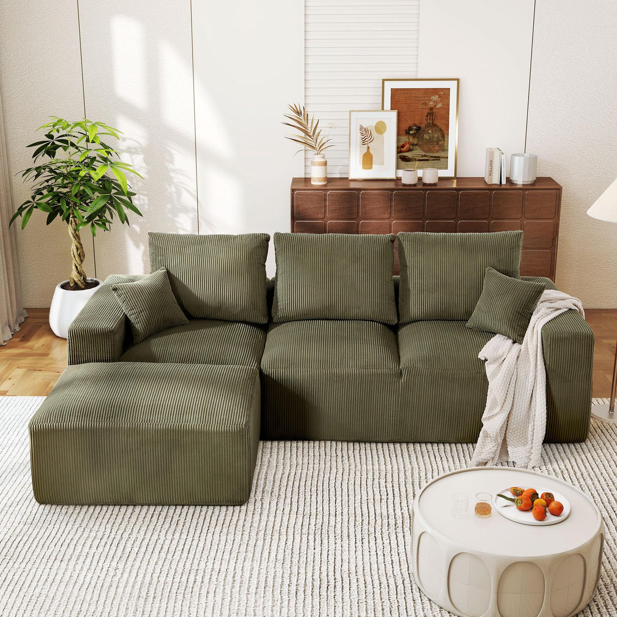 WESTSETLUX 108” Cloud Sectional Sofa Couch with High-Seat, Corduroy Modular Sofa with Oversized Chaise, High-Back Modern L-Shaped Couches for Living Room, No Assembly Required (Green) WESTSETLUX