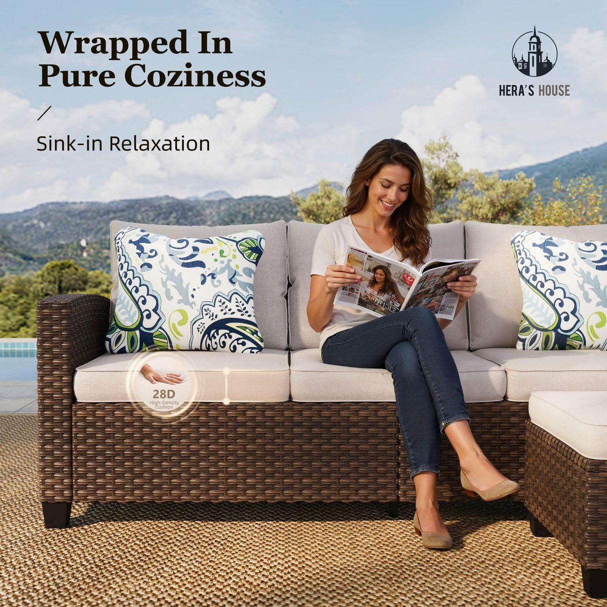 Small Patio Furniture Set, 3 Pieces Wicker Outdoor Sectional Set, L-Shaped Patio Couch Set, Modular Rattan Conversation Set with Lounge Sofa and Ottomans for Deck Lawn Garden, Beige HERA'S HOUSE