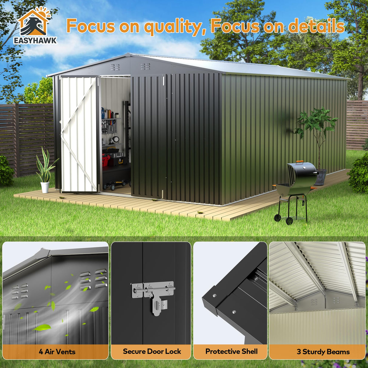 EASYHAWK 10 x 14 FT Outdoor Storage Shed, Metal Waterproof Storage Shed Steel Utility Garden Tool Shed with Door & Lock Outdoor Storage,All-Weather Shelter for Bike, Gardening Tools, Lawn Mowers EASYHAWK
