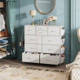 WLIVE White Dresser for Bedroom with 10 Drawers, Chest of Drawers with Side Pockets and Hooks, PU Storage Dresser, Sturdy Metal Frame, Drawers Organizer Unit for Living Room, Hallway, Closet WLIVE