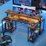 Bestier 71.5 inch Computer Desk with Power Outlets, LED Large Home Office Desk with Monitor Stand, L Shaped Corner Desk with Printer Stand Adjustable Shelf, Cup Holder & Headset Hooks, Brown Bestier