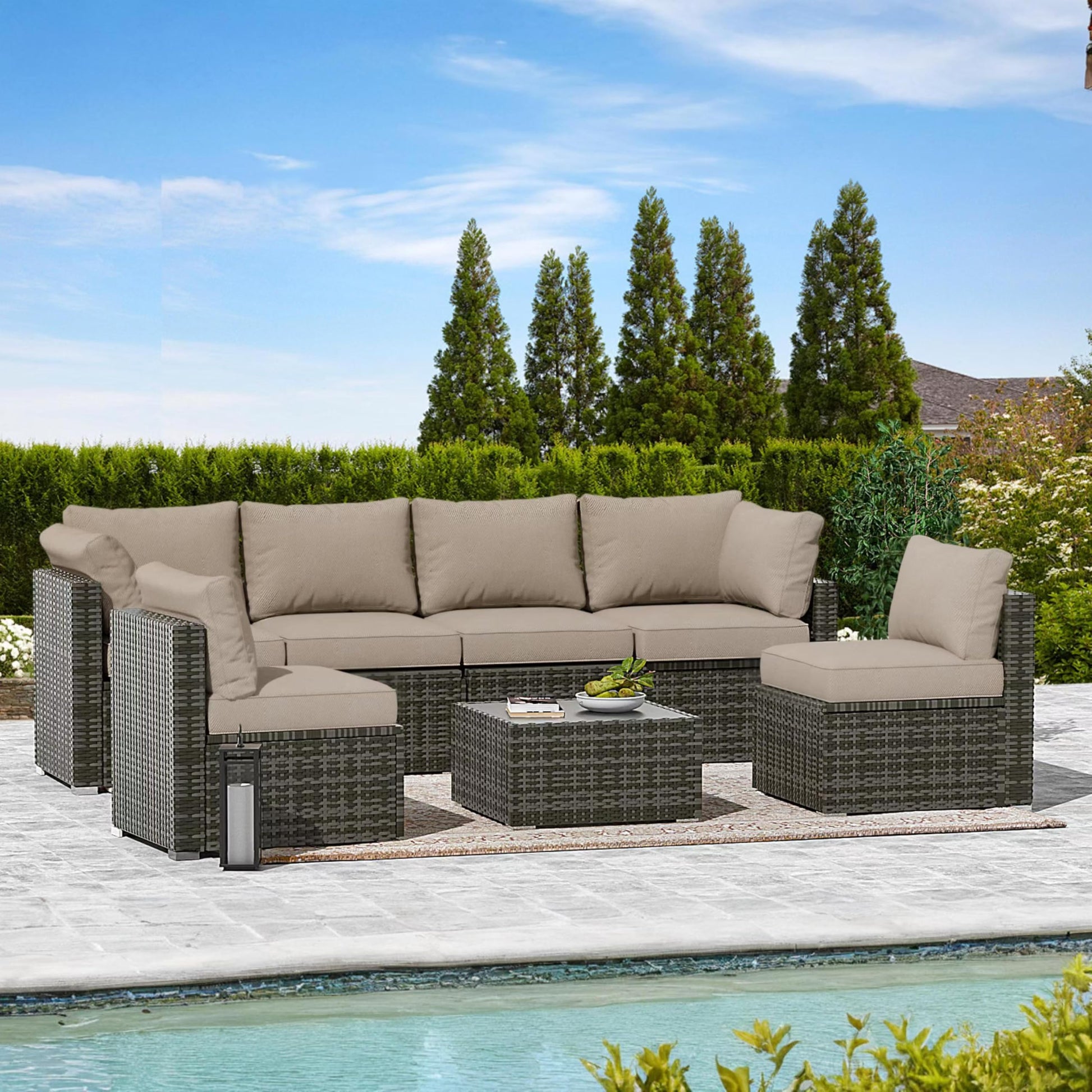 Covered Outdoor Patio Furniture Set, 7 Pieces Patio Furniture Sets with Glass Table, All-Weather PE Wicker Outdoor Couch Sectional Set, Outdoor Furniture Set for Garden/Patio/Ottoman, Grey - WoodArtSupply