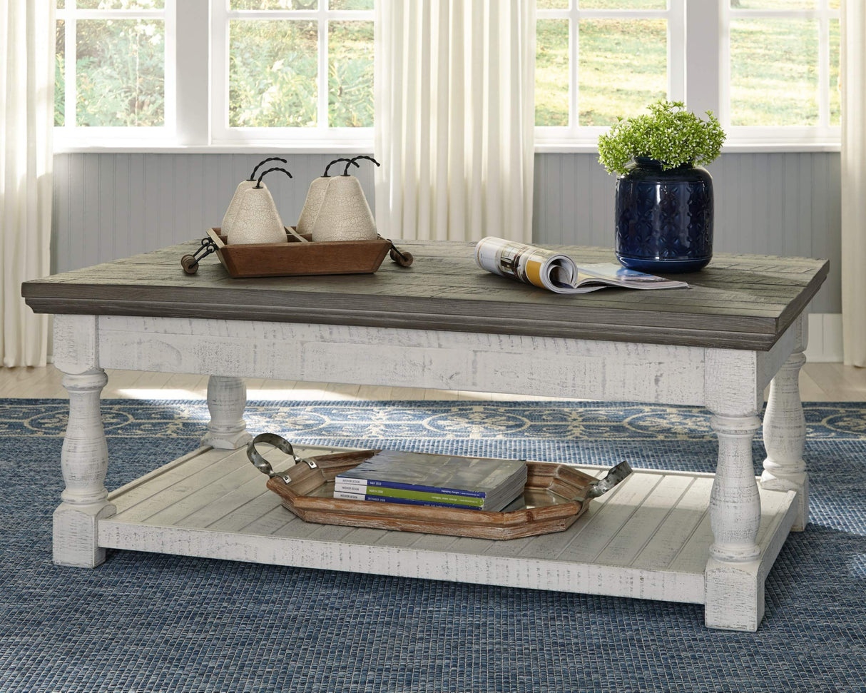 Signature Design by Ashley Havalance Farmhouse Lift Top Coffee Table with Fixed Shelf and 2 Hidden Storage Trays, Gray & White with Weathered Finish Signature Design by Ashley