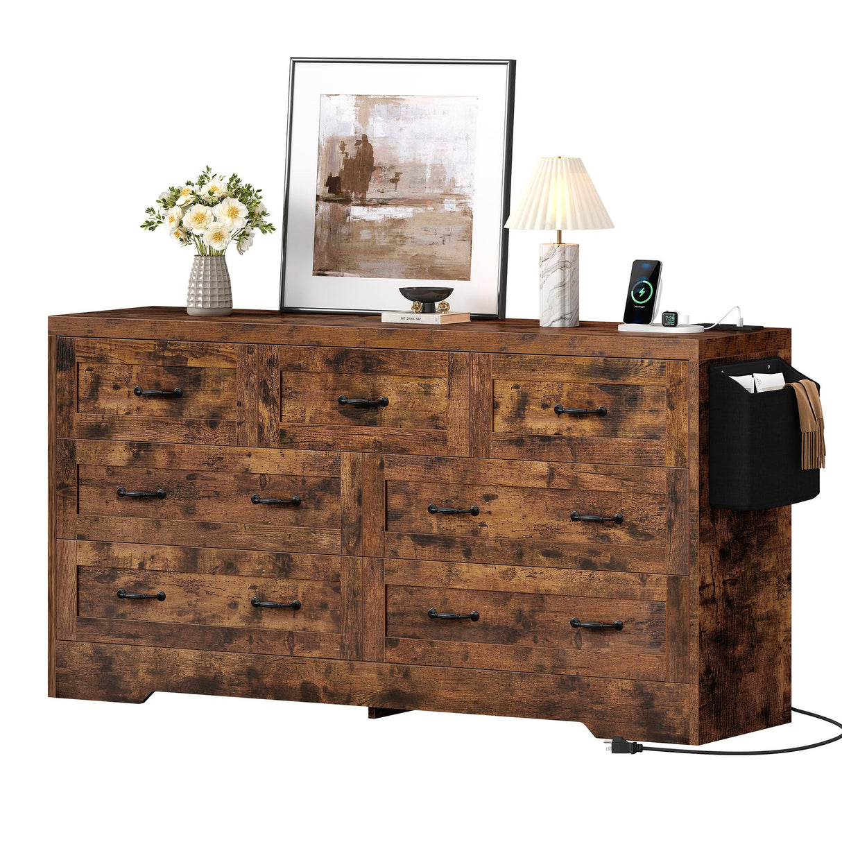 YITAHOME Rustic Brown Drawers TV Stand for 65 inches with Power Outlets -Chest of Drawers Dresser with Side Organizer Bag Entertainment Center TV Console YITAHOME