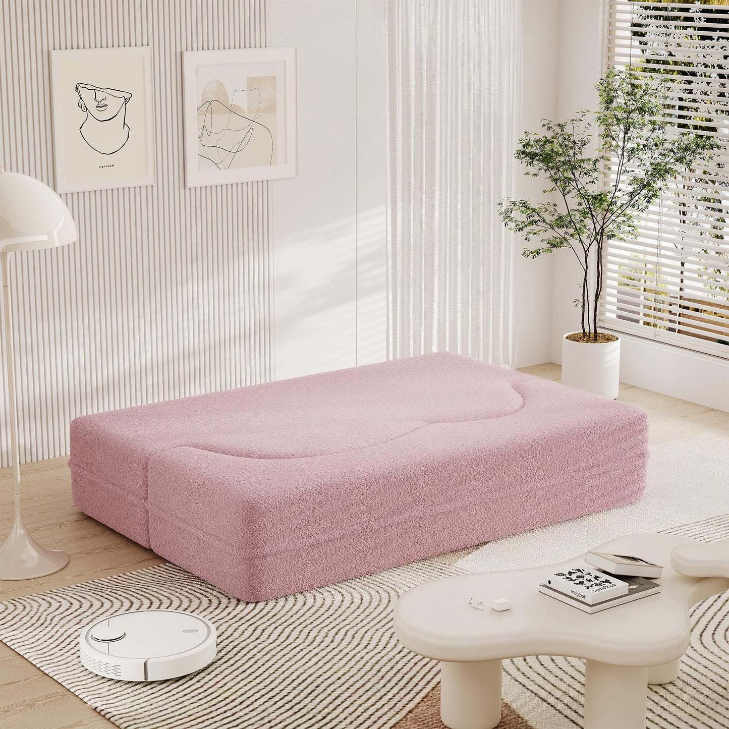 Tmsan 78" Teddy Folding Floor Sofa Couch Bed, Modern Boucle Floor Mattress Full Size, 2 in 1 Convertible Loveseat Sleeper Guest Bed with 2 Pillows for Living Room Apartment Office (Pink)