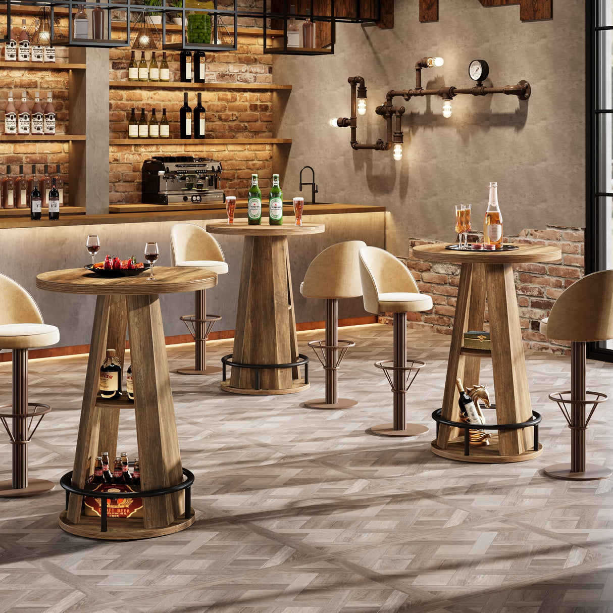 Tribesigns Round Bar Table, 39.4" H High Top Bistro Table with Storage, Industrial Cocktail Pub Tables with Metal Footrest for Living Room, Barroom, Small Space, Rustic Brown(Only Table) Tribesigns