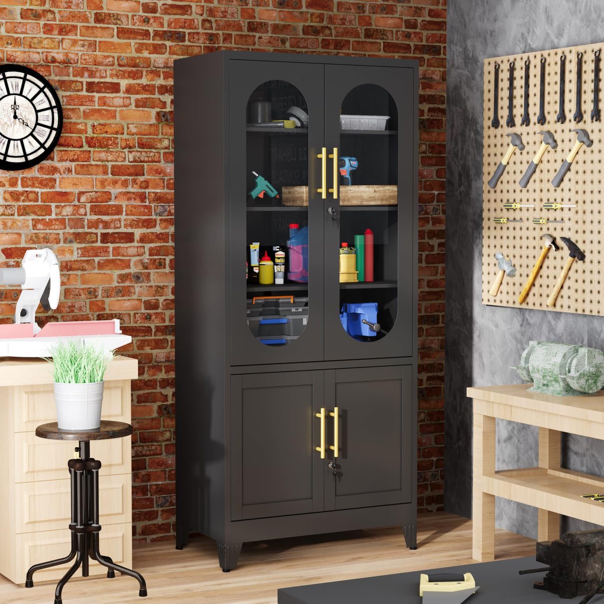 winiowa Metal Storage Cabinet with Adjustable Shelves，Garage Cabinet with 4 Lockable Doors, 71" Tall Kitchen Pantry Cabinets，Steel Locking Cabinets for Kitchen, Garage, Office,Living Room-Black winiowa