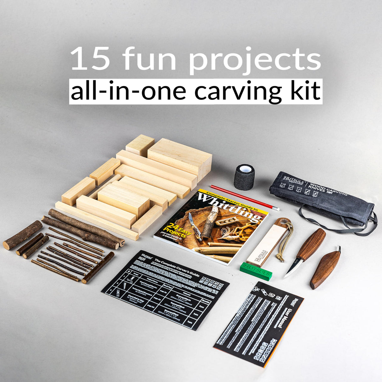 Hutsuls K.37 Wood Carving Kit for Beginners - Pre-Sized Basswood Carving Blocks & Sticks for 15 Projects, All-in-One Wood Whittling Kit for Beginners, Includes Wood Whittling Book for Beginners Kids Hutsuls