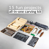 Hutsuls K.37 Wood Carving Kit for Beginners - Pre-Sized Basswood Carving Blocks & Sticks for 15 Projects, All-in-One Wood Whittling Kit for Beginners, Includes Wood Whittling Book for Beginners Kids Hutsuls