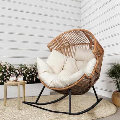 Shintenchi Wicker Egg Chair,Oversized Outdoor Indoor Rocking Chair,Large PE Rattan Rocking Chair with Cushion for Patio, Balcony, Backyard, Garden, Beige