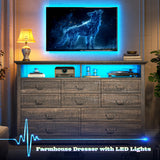 Romorgniz 10 Drawer Dresser for Bedroom, Large Farmhouse Dresser with LED Lights & Charging Station for Bedroom, Rustic Oak Romorgniz