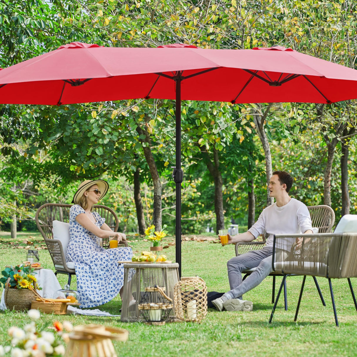 Yaheetech 15 ft Triple-size Patio Umbrella w/Base Included - Market Extra-Large Double Sided Umbrella - Twin-size Patio Parasol w/Easy Crank & 12 Strong Ribs & Ventilation Openings, Red Yaheetech