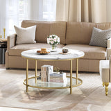 YITAHOME White Marble Round Coffee Table with Glass for Living Room, 2-Tier Circle Coffee Table with Storage Clear Coffee Table, Simple Modern Center Cocktail Table, White & Gold YITAHOME