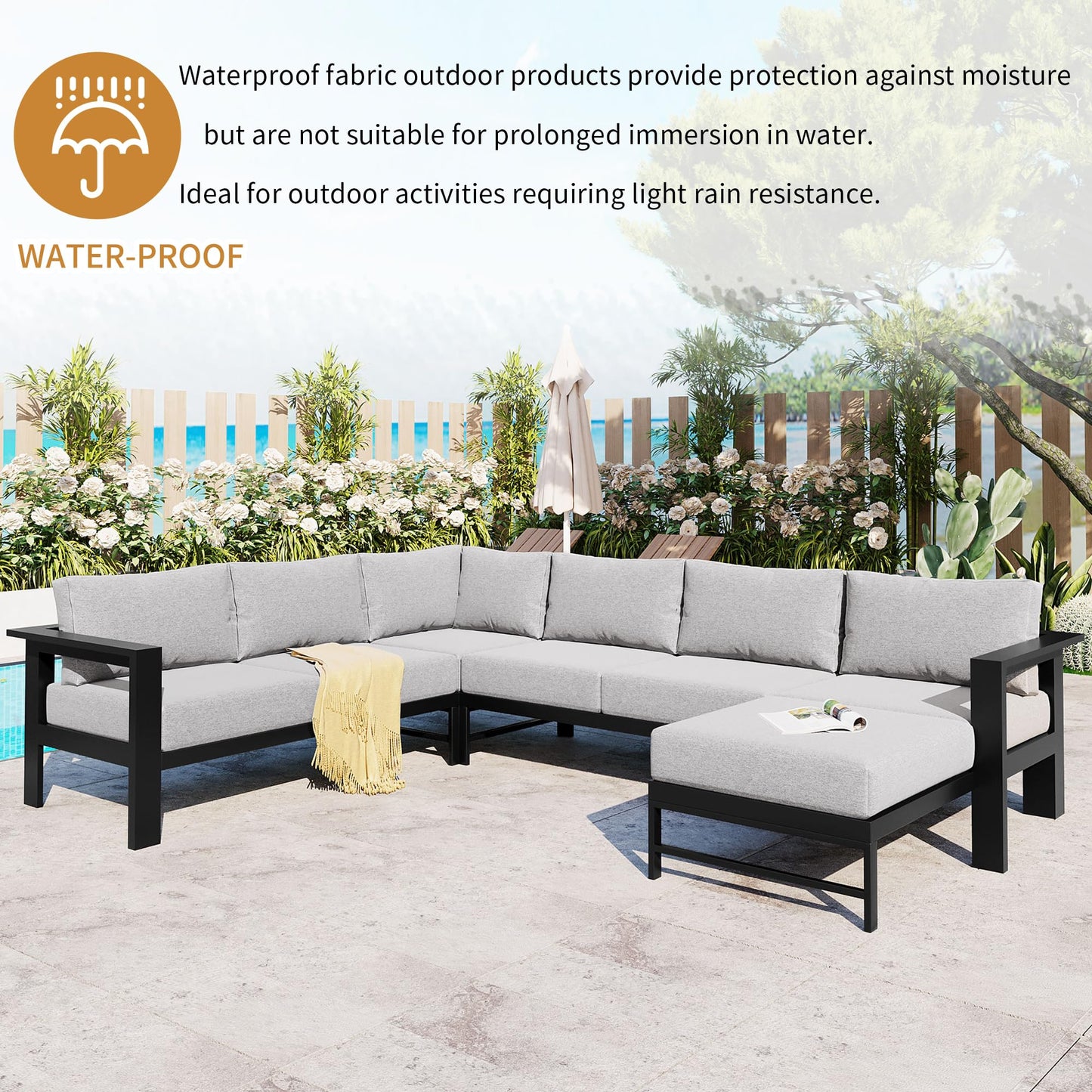 YOPTO 7 Piece Outdoor Patio Furniture U-Shaped Sofa Set,Sectional Conversation Modular Couch with Anti-Rust Aluminum Frames for Gardens, Backyards, Balconies,Grey