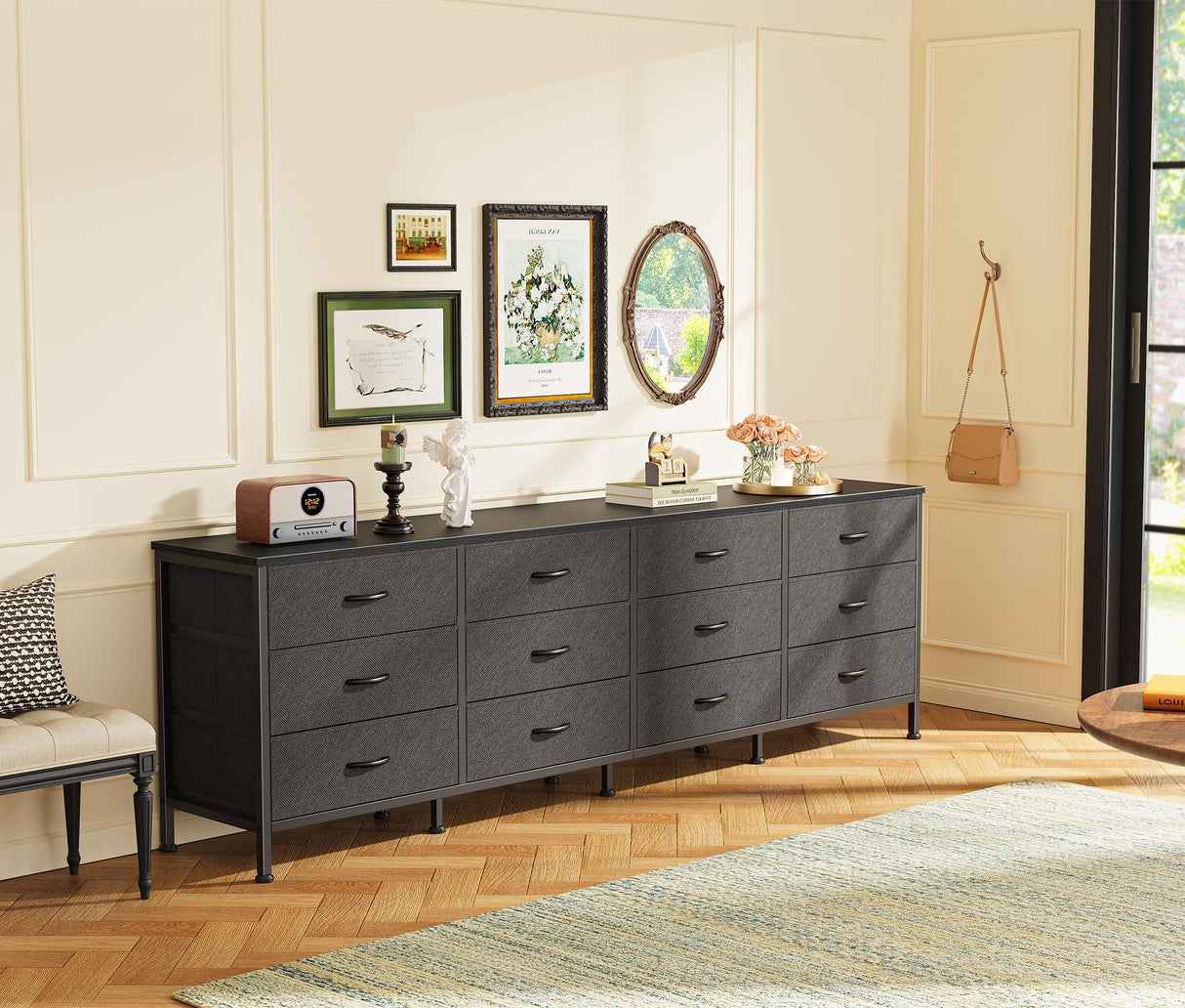 Huuger 70 Inch Black Dresser for Bedroom, TV Stand for 65, 75, 80 Inch TV, 12 Fabric Drawer Long Dresser, Wide Chest of Drawer, Storage Units for Living Room Huuger