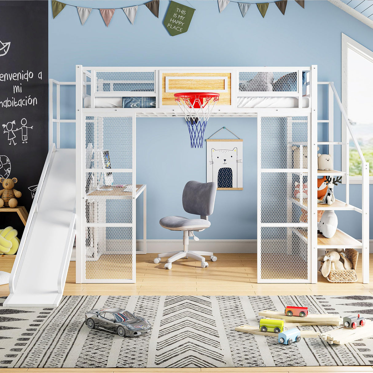 Full Size Loft Bed with Slide and Staircase, Metal Loft Bed Frame with Desk and Basketball Hoop, Loft Full Bed for Boys Teens, White RuiSiSi