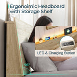 LINSY Wood Bed Frame, Queen Bed Frame with Headboard LED, Wooden Platform Frames with Charging Station, No Box Spring Needed, Easy Assembly, Natural Wood LINSY