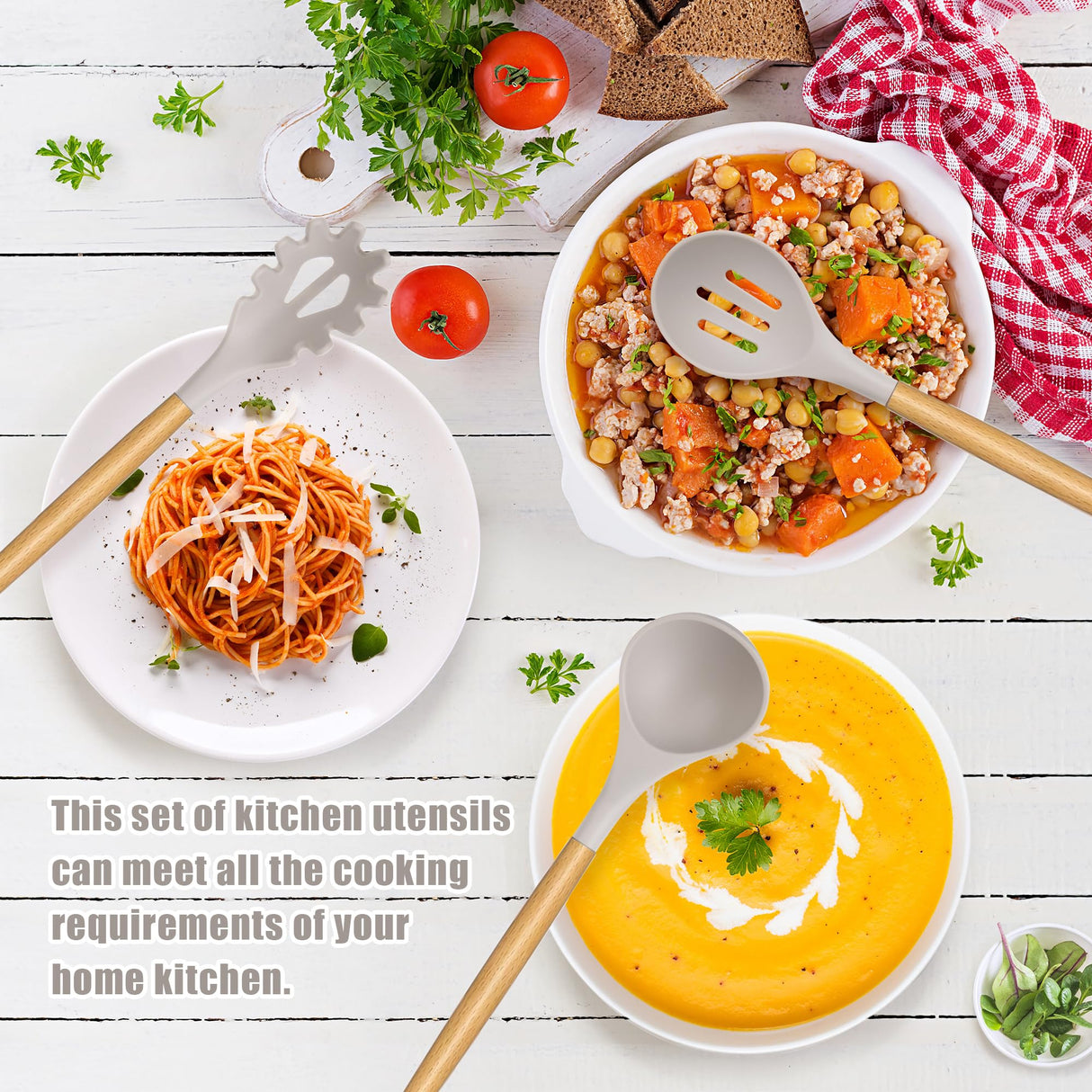 24 Pcs Kitchen Cooking Utensils Set,446°F Heat Resistant Non-Stick Silicone Kitchen Utensil Set With Wooden Handles and Holder,Kitchen Gadgets for Cookware,Kitchen Accessories,Khaki Hoenart