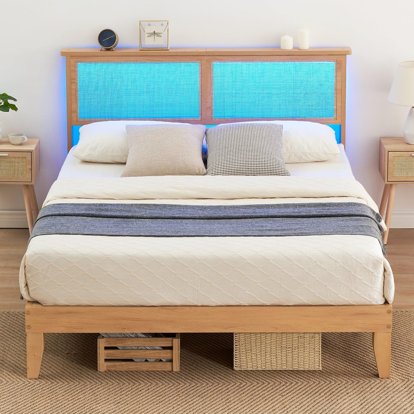 GAOMON Full Bed Frame with Natural Rattan Headboard, Full Size Platform Bed Frame with LED Lights & Curved Rattan Headboard & Wooden Support Legs, No