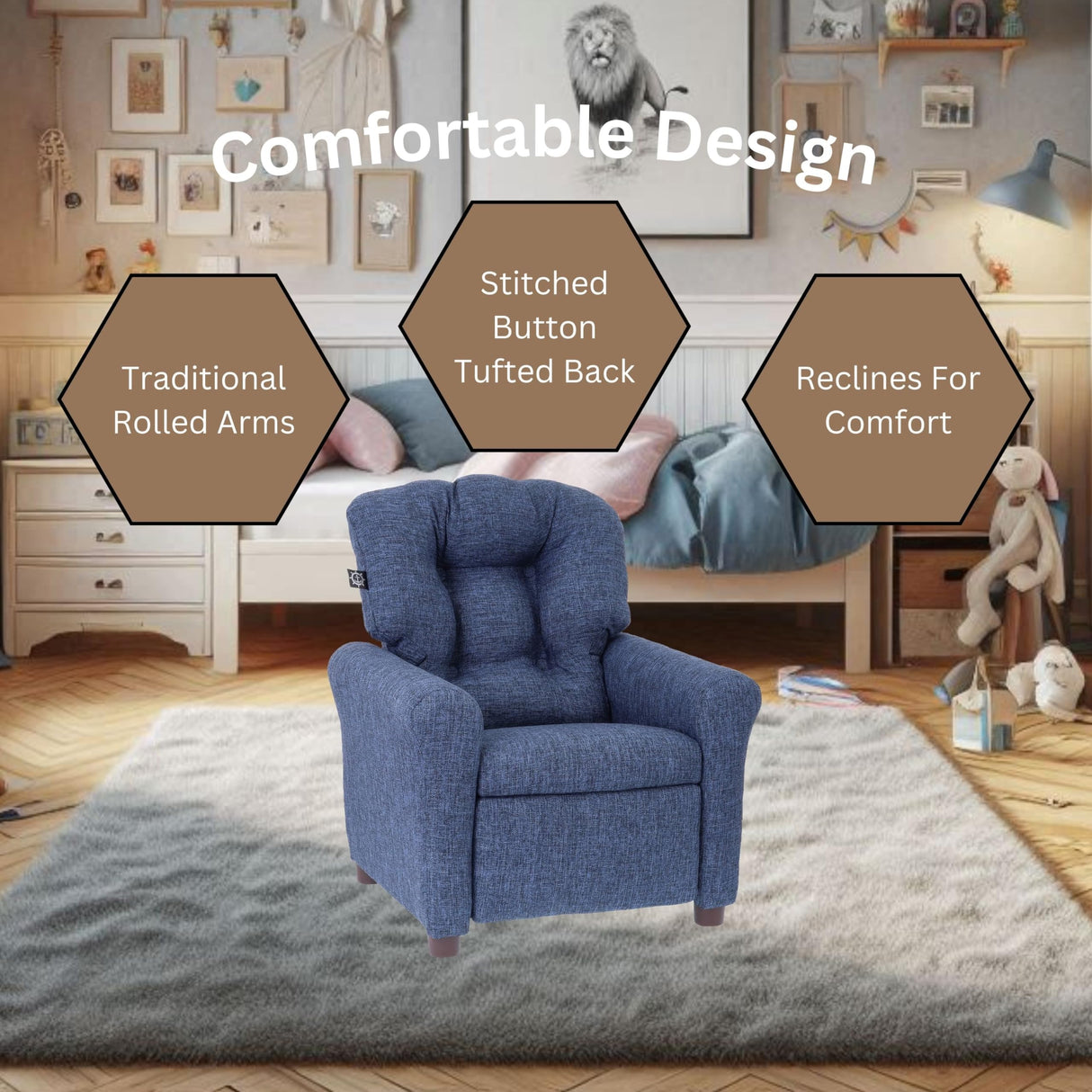 The Crew Furniture Traditional Kids Recliner, Toddler Ages 1-5 Years, Home Décor Polyester Linen, Sapphire The Crew Furniture