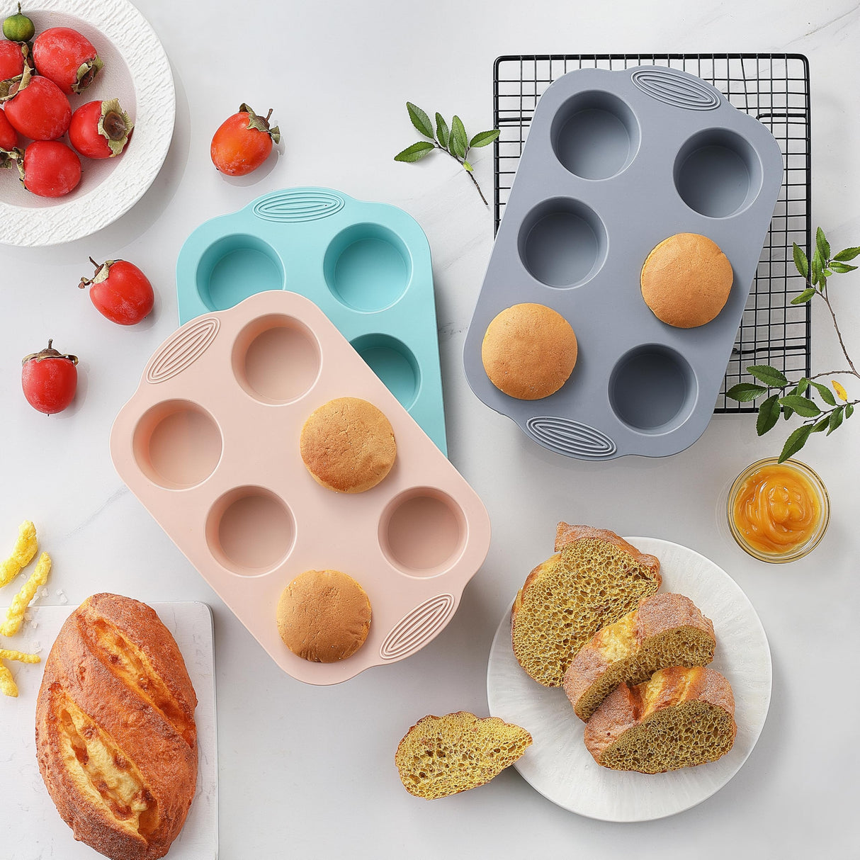 XZZWLL Silicone Muffin Pan, Food Grade Silicone Cupcake Molds for Baking Muffins and Cupcakes, 6-Cup Nonstick Cupcake Pan, Easy Cleaning and BPA-Free (Gray, Orange, Blue) XZZWLL