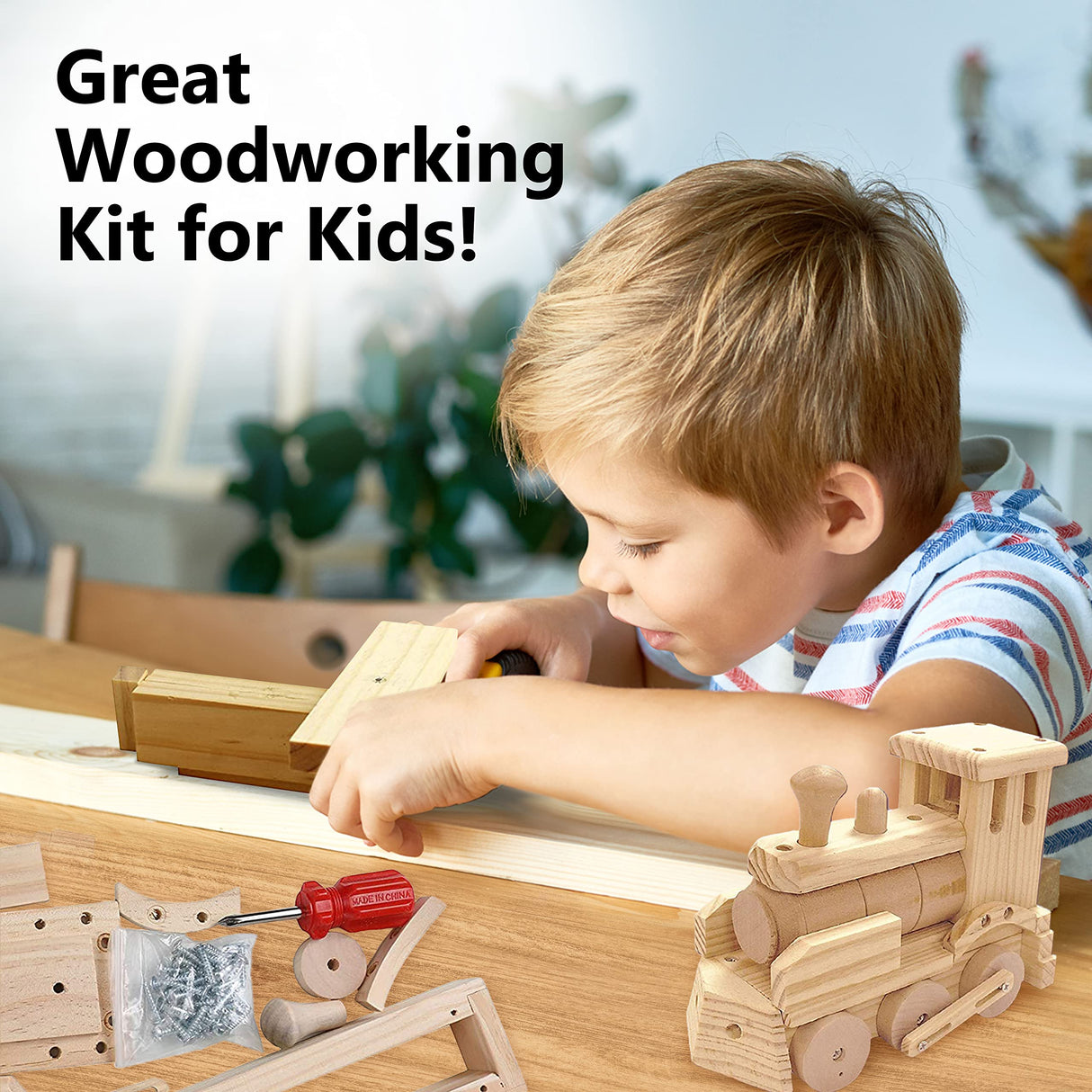 Kraftic Woodworking Building Kit for Kids and Adults, 2 Educational DIY Carpentry Construction Wood Model Kit Toy Projects for Boys and Girls - Build a Wooden Town Hall Birdhouse and Train Kraftic