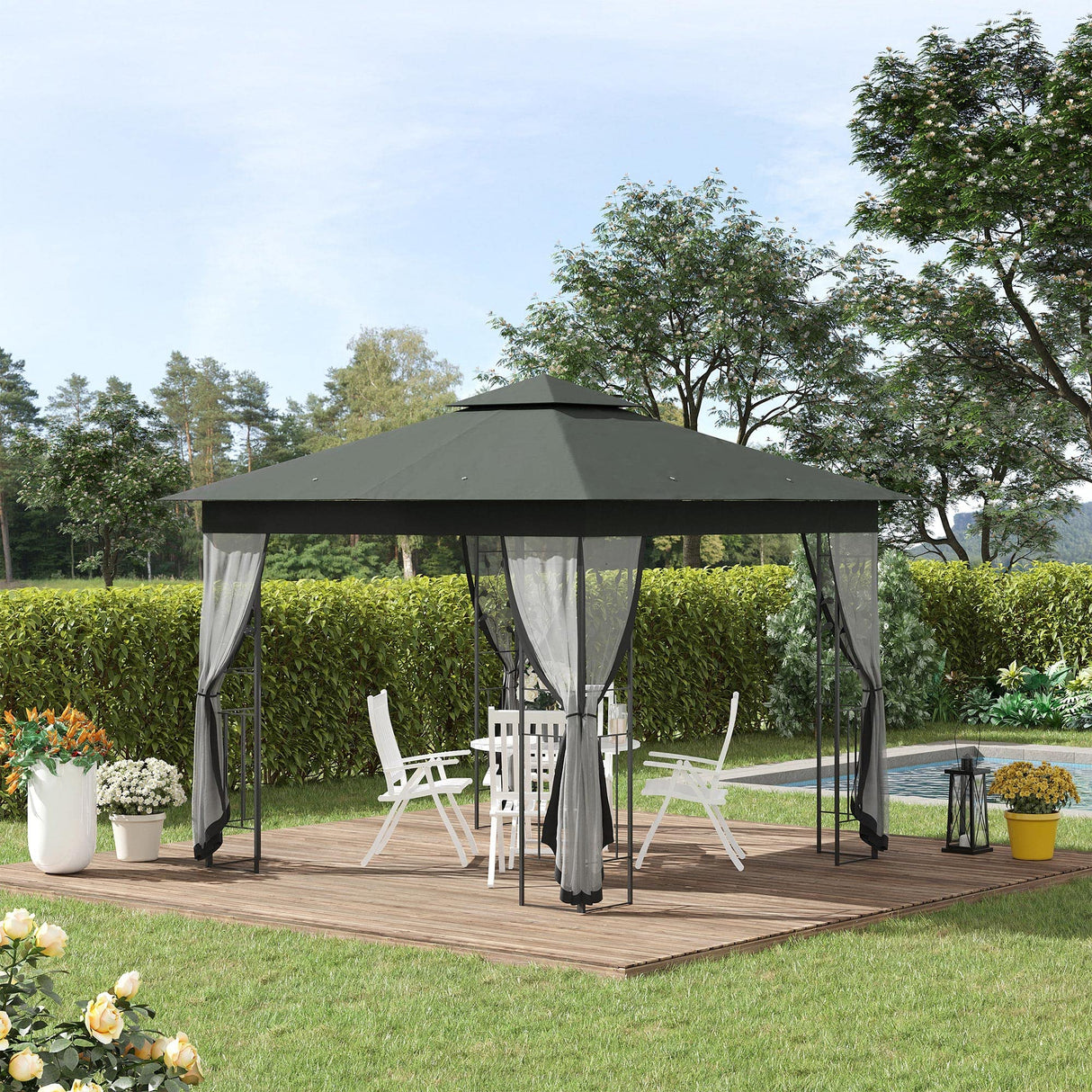 Outsunny 10' x 10' Metal Patio Gazebo, Double Roof Outdoor Gazebo Canopy Shelter with Tree Motifs Corner Frame and Netting, for Garden, Lawn, Backyard, and Deck, Gray Outsunny
