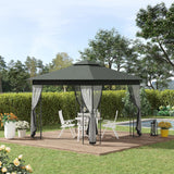 Outsunny 10' x 10' Metal Patio Gazebo, Double Roof Outdoor Gazebo Canopy Shelter with Tree Motifs Corner Frame and Netting, for Garden, Lawn, Backyard, and Deck, Gray Outsunny