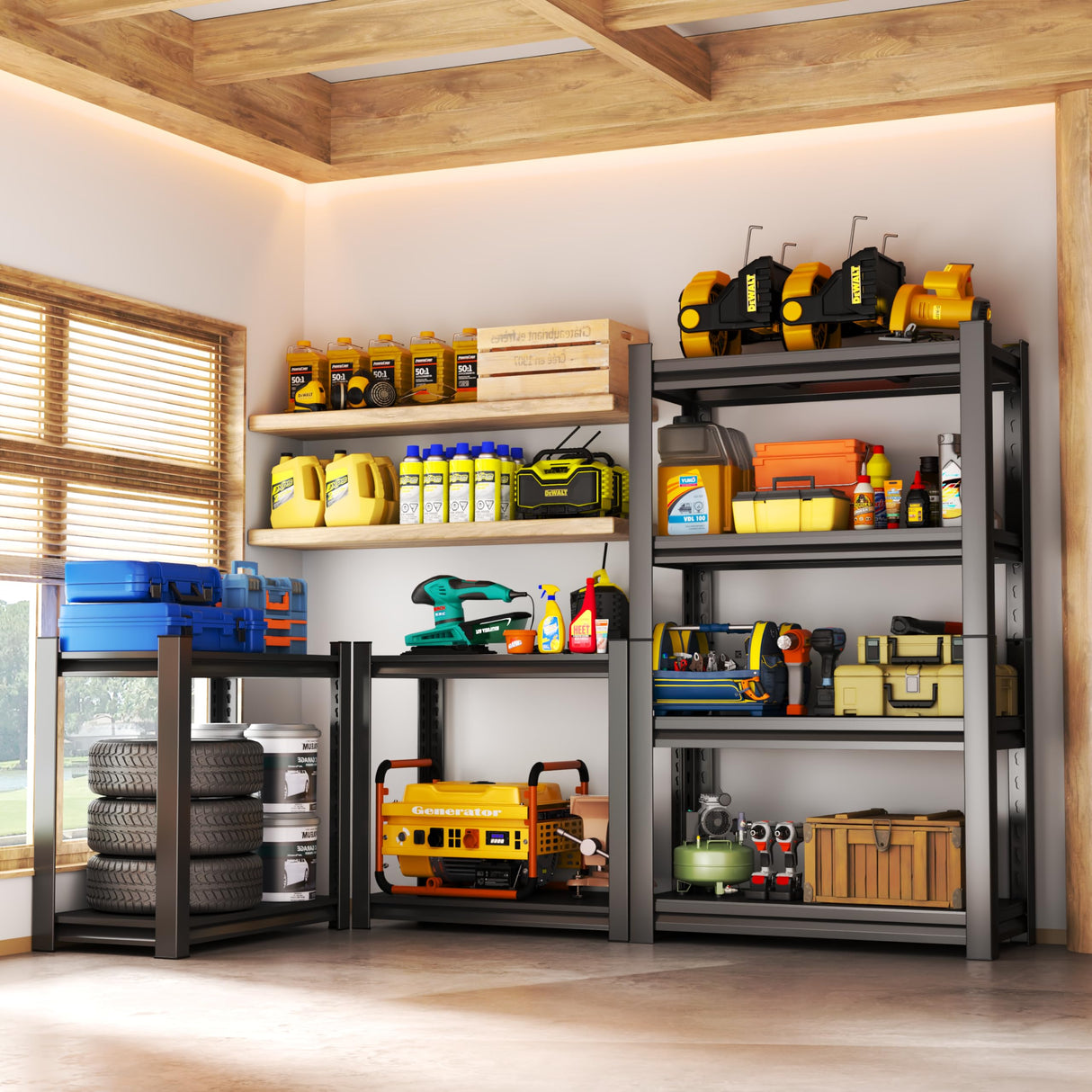 63"H Storage Shelves, 4 Tier Shelving Unit, Industrial Storage Unit, Metal Shelving Units, Adjustable Shelf Tool Storage Shelves for Garage, Garden, Outdoors, Black (35.4"W X 15.8"D X 63"H) PRESTELION