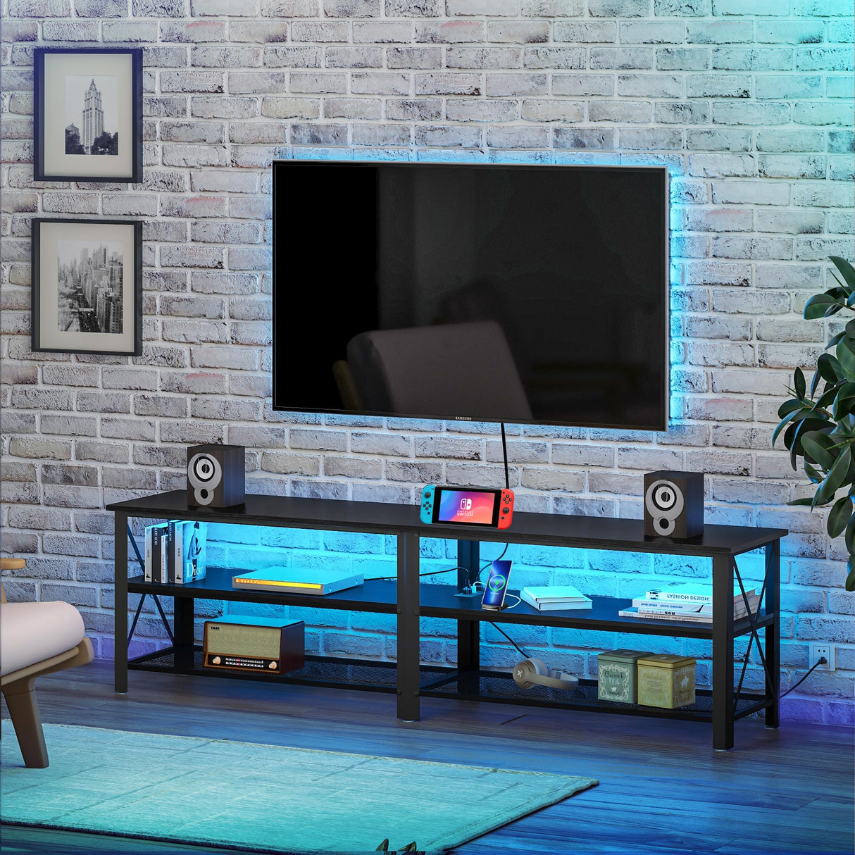 Clikuutory Modern Black 71 inch Metal TV Stand with LED Lights and Power Outlets for 50 60 65 70 75 80 Inch TVs, 3 Tier Television Stands with Entertainment Center and Storage for Living Room, Bedroom Clikuutory