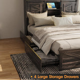 Fameill Farmhouse Full Size Bed Frame with 4 Drawers, Bookcase Headboard, LED Lights, Charging Station & Sliding Barn Door Shelves in Dark Rustic Oak Fameill