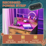 EKNKOZY Nightstand 5 Drawer Dresser with LED Lights, Charging Station, Metal Mesh Shelf with Hooks, Vertical Side Table with Fabric Drawers, End Table, Tall Dresser for Bedroom, Entryway, Rustic Brown EKNKOZY