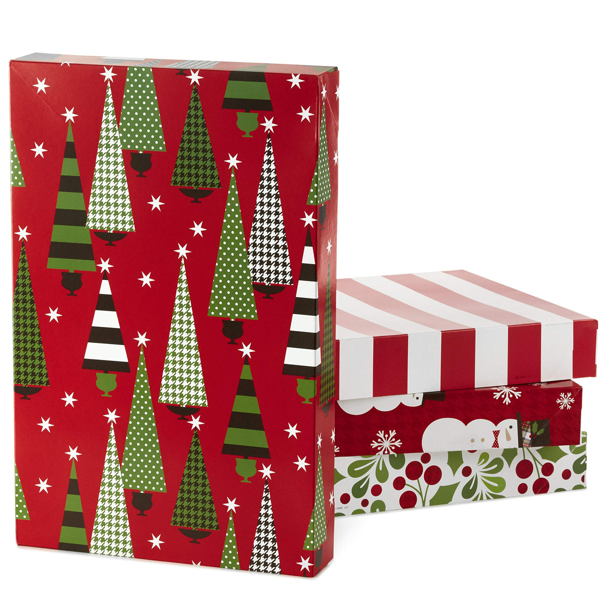 Hallmark Medium Christmas Gift Boxes with Lids (12 Shirt Boxes, 4 Designs: Trees, Stripes, Snowmen, Holly) for Christmas, Holiday Parties, Hostess Gifts Hallmark