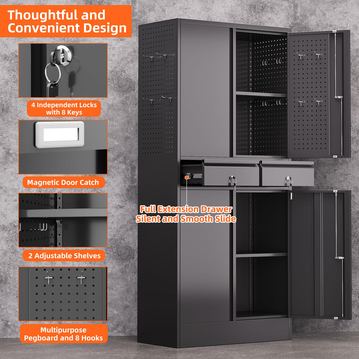 Aobabo 71" H×30" W×15" D Metal Storage Cabinet with 2 Drawers, Locking Steel Storage Cabinet with 2 Adjustable Shelves and 8 Hooks for Garage, Office, Black, Assembly Required Aobabo