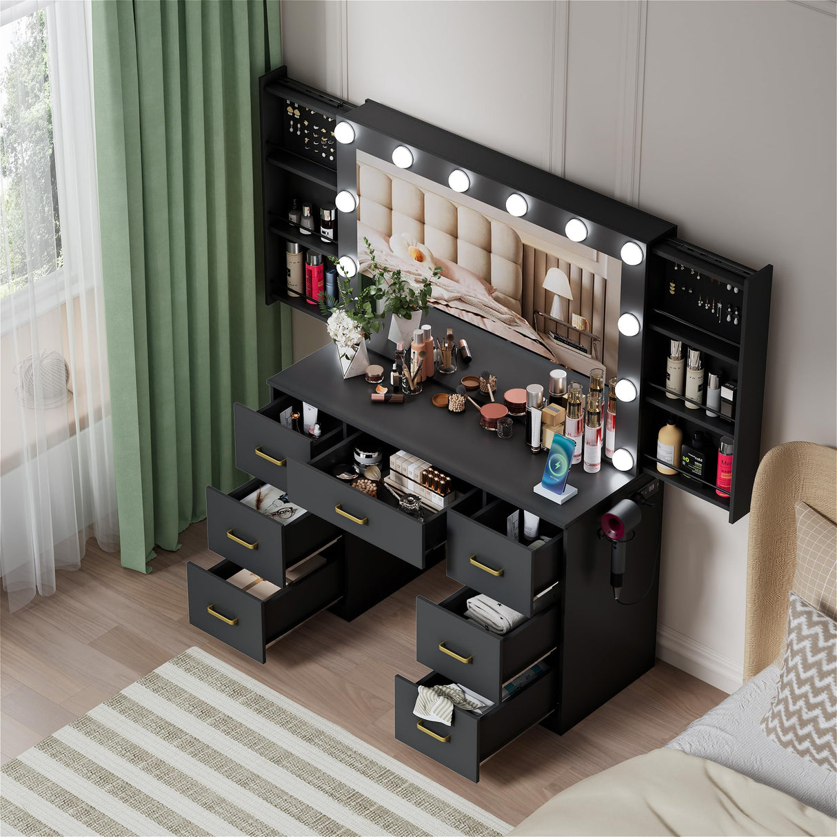 FURNJOYLIFE Black Makeup Vanity Desk with Lighted Mirror & Power Outlet,3 Color Modes, Brightness Adjustable,Vanity Table with Drawer,Sliding 2 Storage Wall-Mounted Jewelry,4 Shelves for Bedroom FURNJOYLIFE