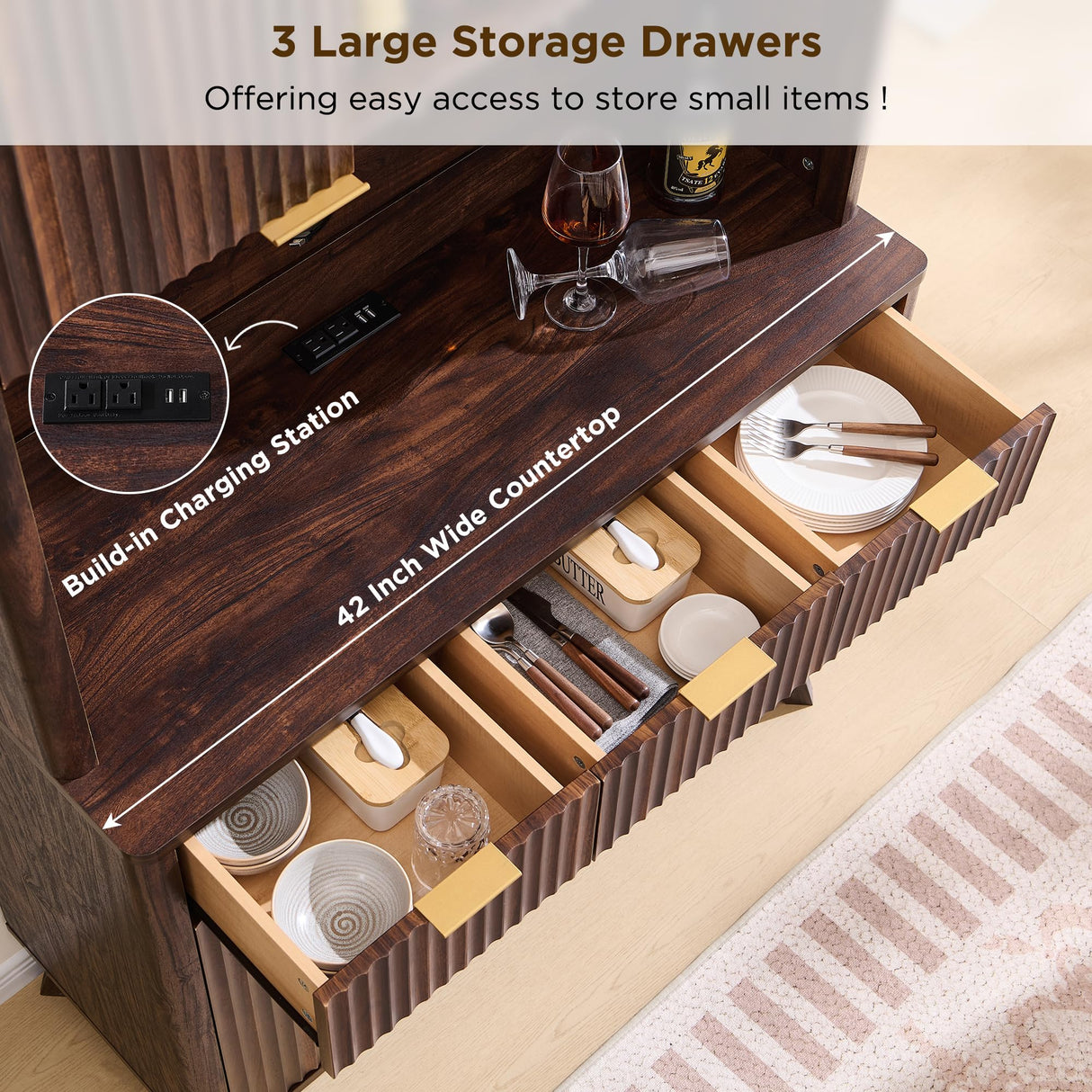 OKD 72" Tall Wine Bar Cabinet with Storage Hutch, Modern Wood Fluted Coffee Bar Cabinet with LED Lights and 10 Tier Storage Shelf & 9 Grid Wine Glass Rack for Home Dining Room Kitchen (Dark Walnut) OKD