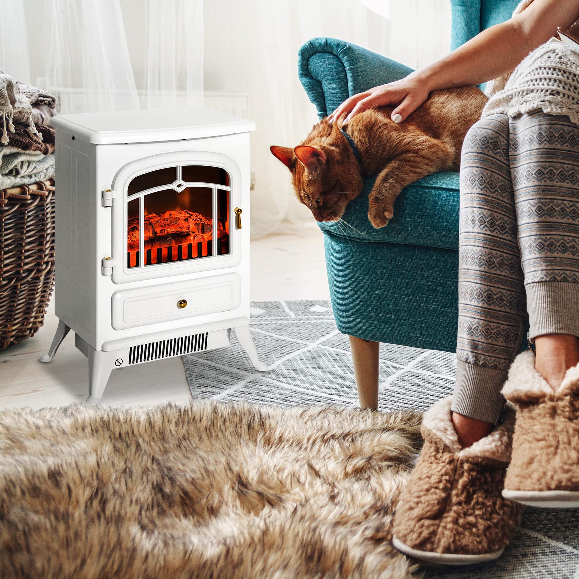 HOMCOM 22" Electric Fireplace Heater, Freestanding Fire Place Stove with Realistic LED Flames and Logs, and Overheating Protection, 750W/1500W, White - WoodArtSupply