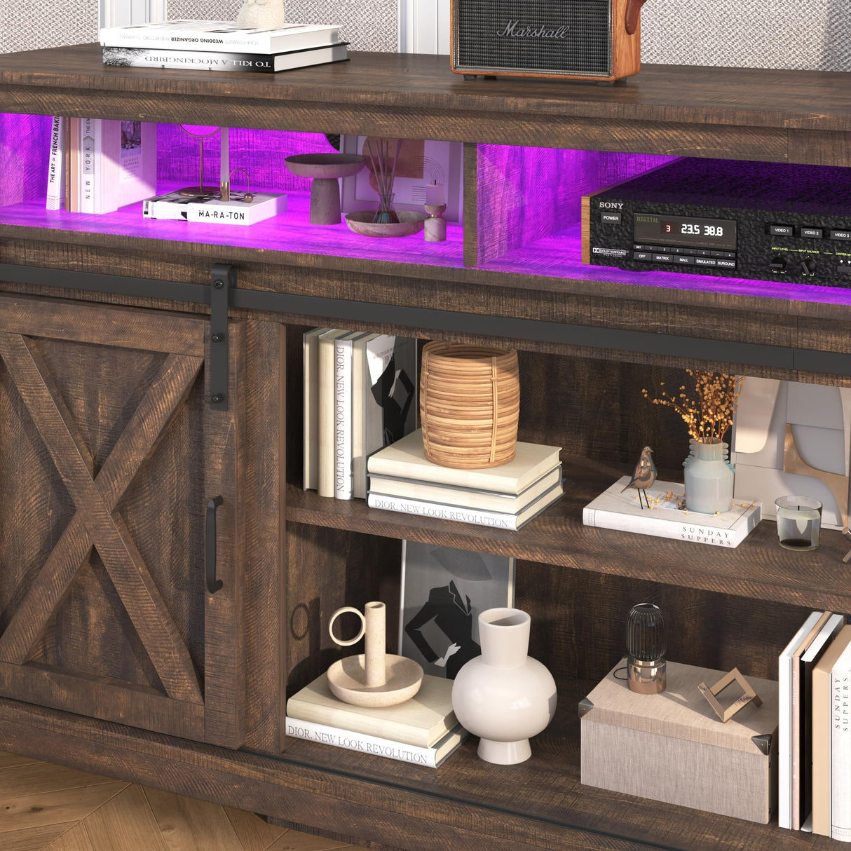 jiteentarou Farmhouse TV Stand for 90/85 Inch TV with Power Outlet, LED Entertainment Center with Storage and Sliding Barn Doors, Wood Media Console for Living Room, Brown jiteentarou