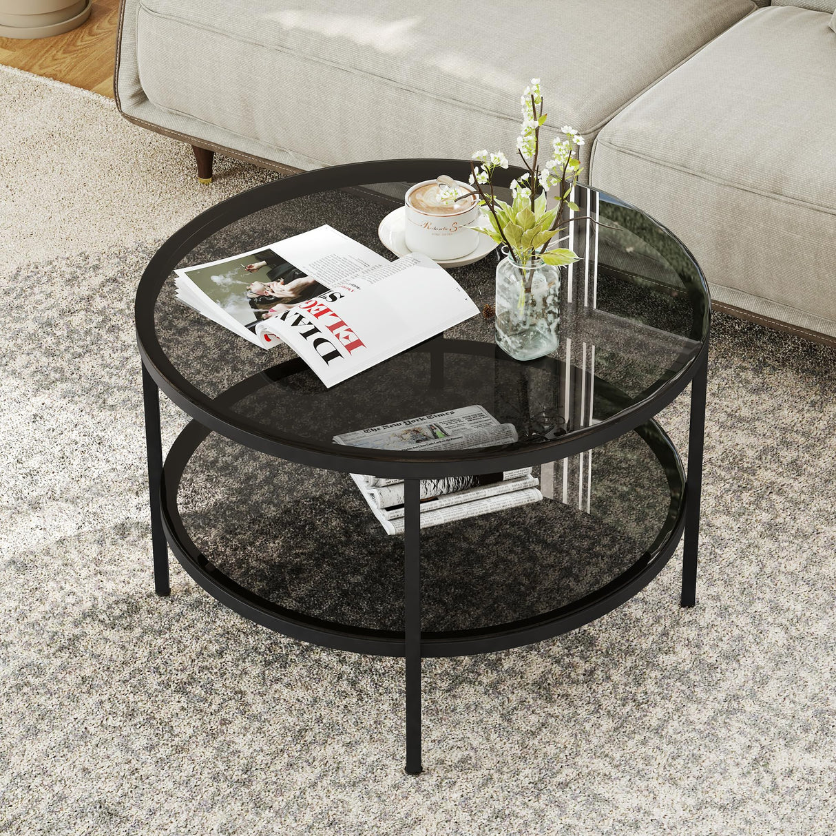 Yusong Round Glass Coffee Tables for Living Room, 2-Tier Circle Coffee Table with Storage, 26" Modern Center Accent Table with Light Black Glass, Small Side Table End Table for Small Space, Bedroom Yusong