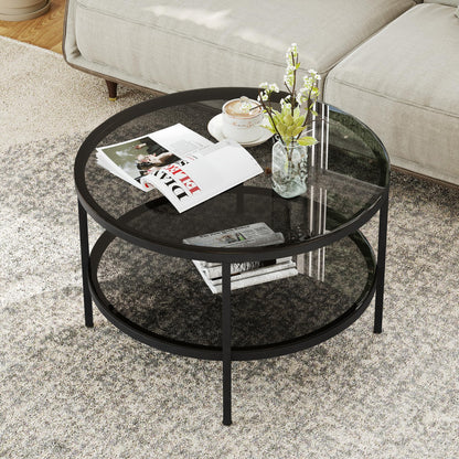 Yusong Round Glass Coffee Tables for Living Room, 2-Tier Circle Coffee Table with Storage, 26" Modern Center Accent Table with Light Black Glass, Small Side Table End Table for Small Space, Bedroom