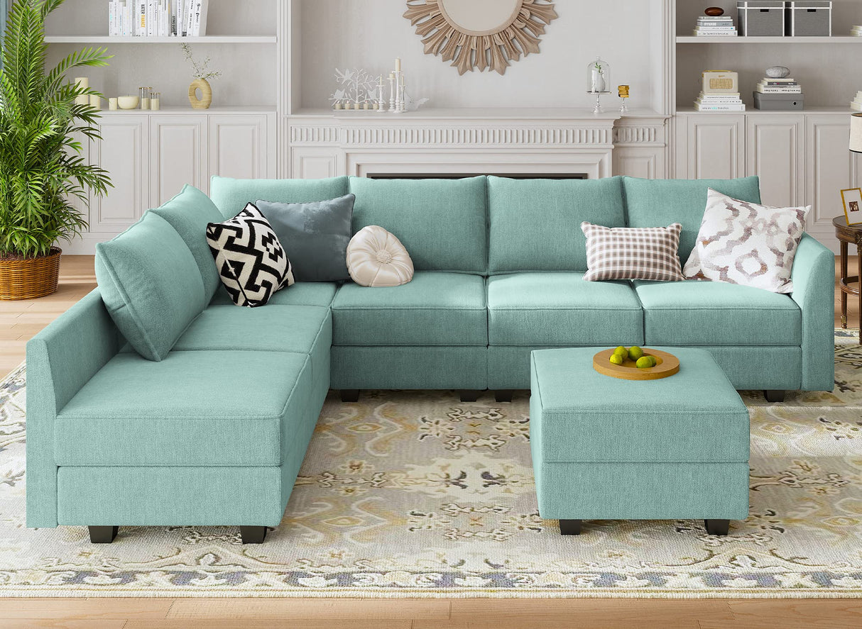 HONBAY Modular Sectional Sofa with Storage Ottoman Fabric Modular Couch with Reversible Chaise 6-Seater L Shape Corner Sofa Sectional Couch, Aqua Blue HONBAY