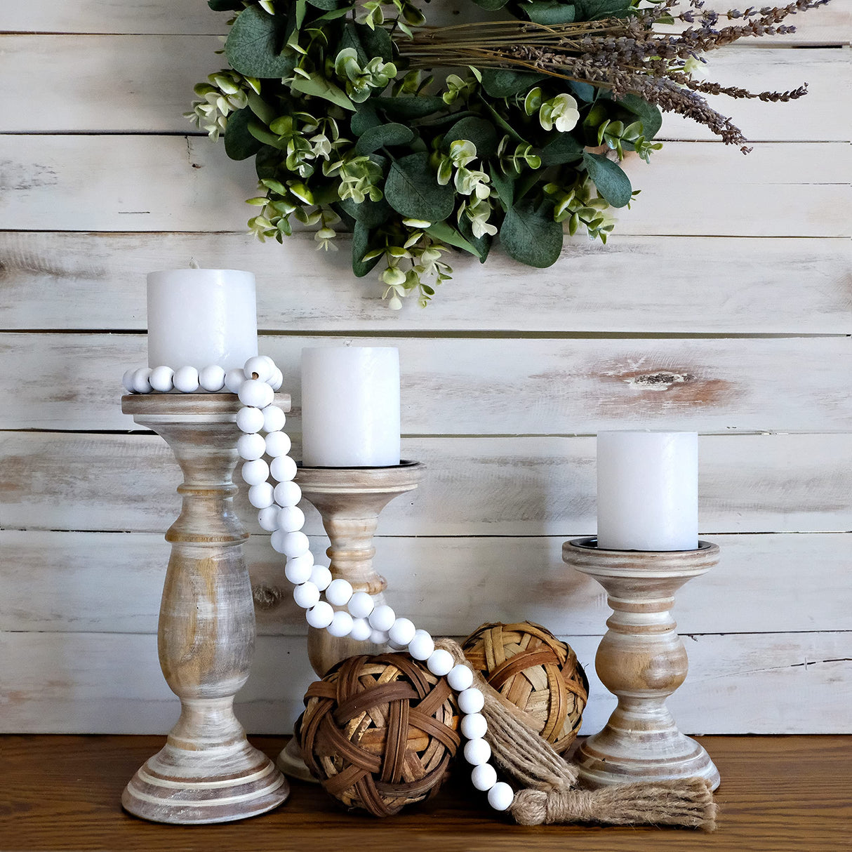 Candle Holders for Pillar Candles, Wooden Table Centerpiece, Set of 3, Wood Candle Holders, Rustic Pillar Candle Holder, Farmhouse Candle Holders Fireplace White MAINEVENT