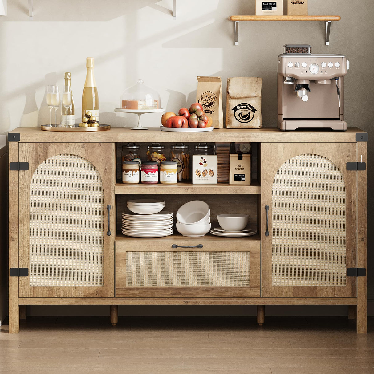 Senfot 47.2" Rattan Sideboard Buffet Cabinet with Storage, Farmhouse Kitchen Buffet Cabinet with Drawer, Boho Wooden Coffee Bar Cabinets with Open Shelves, for Dining Room, Living Room, Natural Senfot