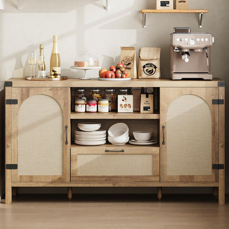 Senfot 47.2" Rattan Sideboard Buffet Cabinet with Storage, Farmhouse Kitchen Buffet Cabinet with Drawer, Boho Wooden Coffee Bar Cabinets with Open Shelves, for Dining Room, Living Room, Natural Senfot