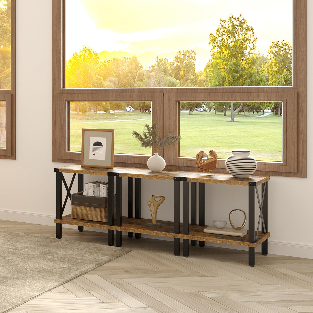 MMEOLUOOK Large End Table Farmhouse Side Table Industrial Style Sofa Table Coffee Table Metal X Wood Accent End Table NightStand with Storage Shelf for Living Room Bedroom MLBZ16R MMEOLUOOK