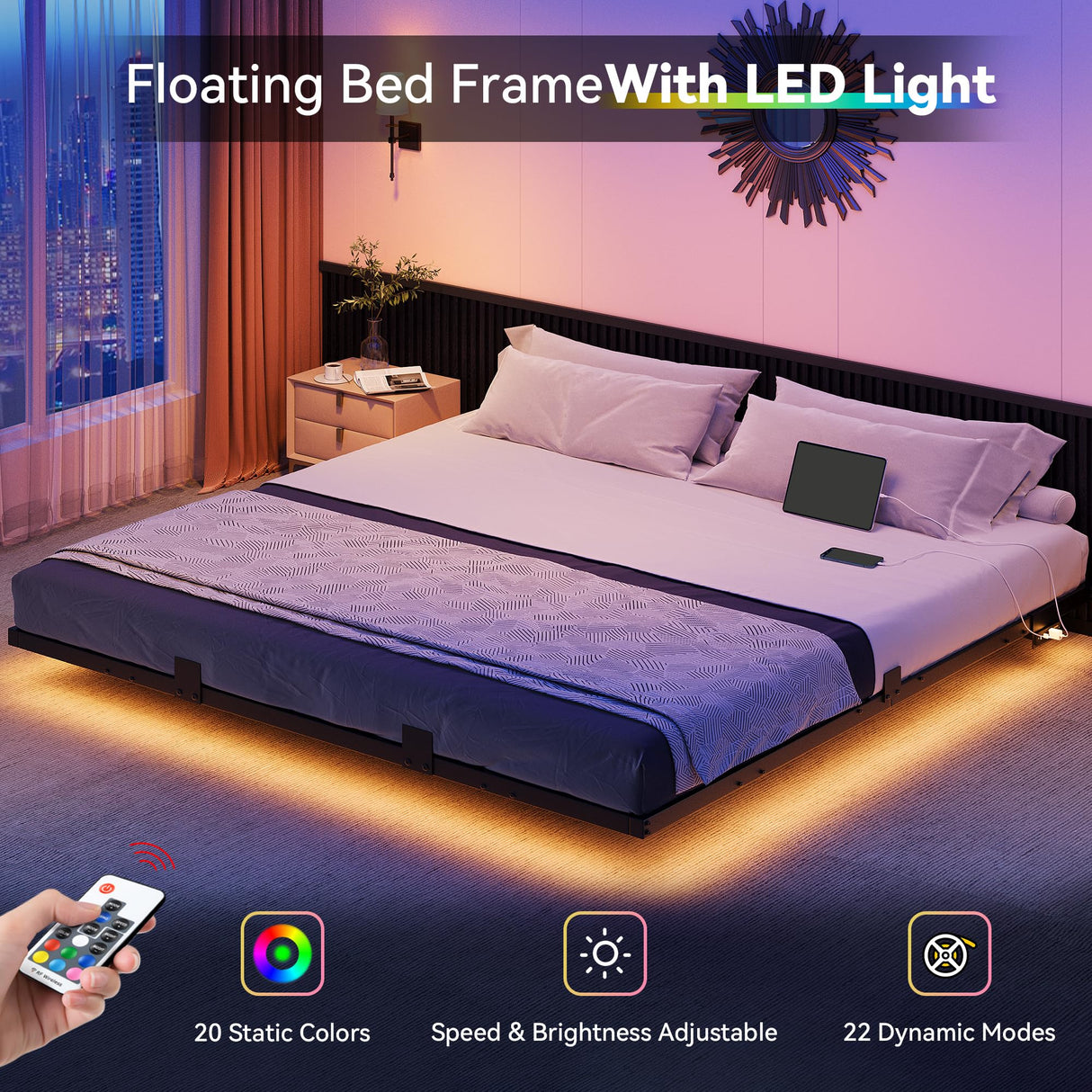 YITAHOME Floating Bed Frame King Size,Floating Bed with LED Lights & Charging Station, Metal Platform Bed Frame with Heavy Duty Steel Slats, No Box Spring Needed, Black YITAHOME